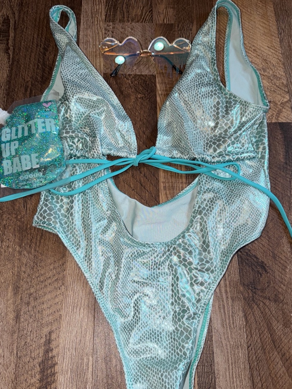 Mint Holographic Snakeskin One-Piece Swimsuit with sunglasses & new glitter tube